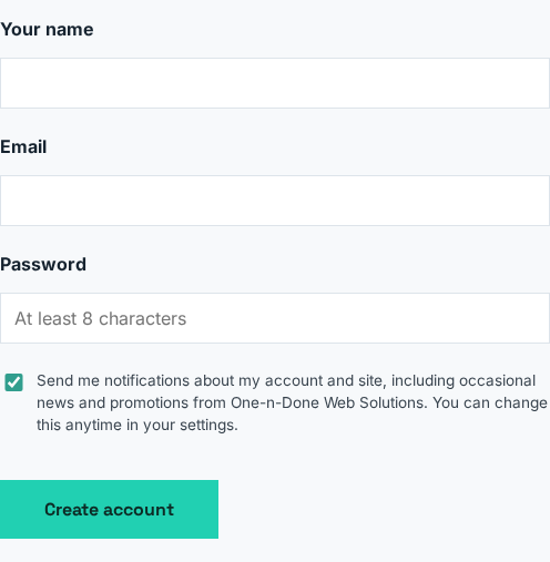 Owline account creation form — name, email, password, and an email-only notifications checkbox. No phone number field exists.